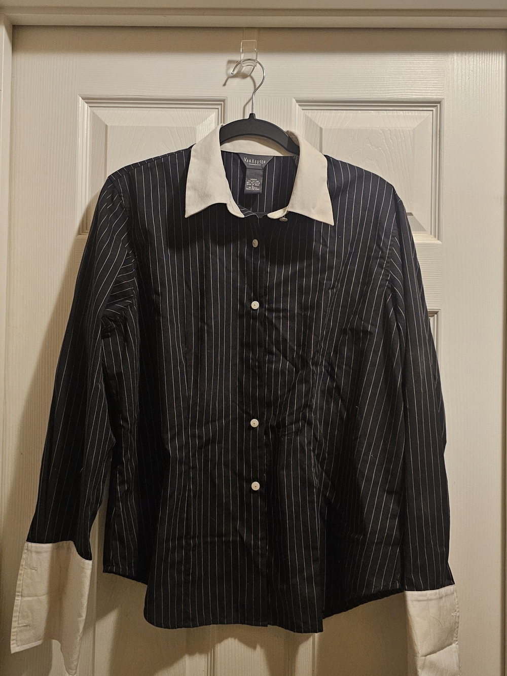 Van Heusen Black Pinstripe Button-Down Shirt with White Collar & Cuffs